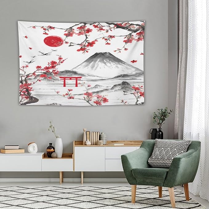 Red Cherry Blossoms Tapestry, Japanese Fuji Mountain Tapestry, Asian Japanese Wall Tapestry, Nature Landscape Tapestries for Bedroom Living Room Decor 90"x60"