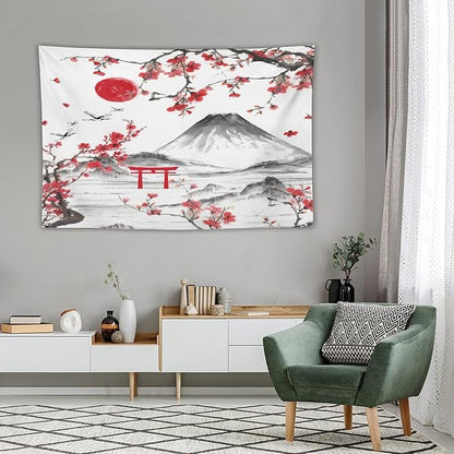 Red Cherry Blossoms Tapestry, Japanese Fuji Mountain Tapestry, Asian Japanese Wall Tapestry, Nature Landscape Tapestries for Bedroom Living Room Decor 90"x60"