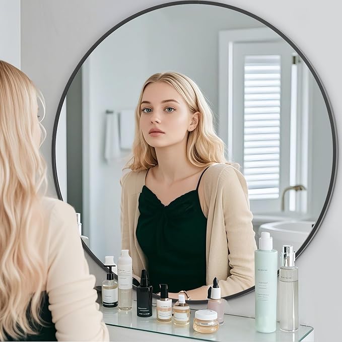 BEAUTYPEAK 30 Inch Round Mirror, Metal Frame Circle Mirror, Wall Mounted for Entryway, Bathroom, Vanity, Living Room, Black