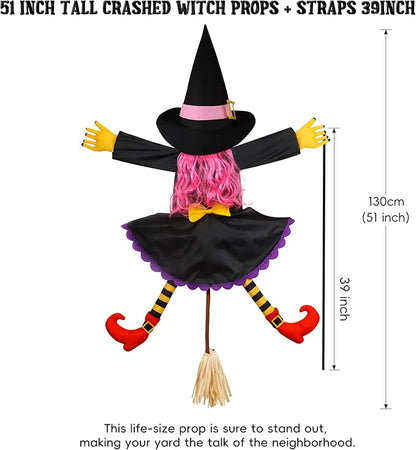 POPGIFTU 51" Halloween Crashing Witch Decoration – Pink Flying Witch for Tree, Yard, Porch, and Indoor Outdoor Halloween Décor