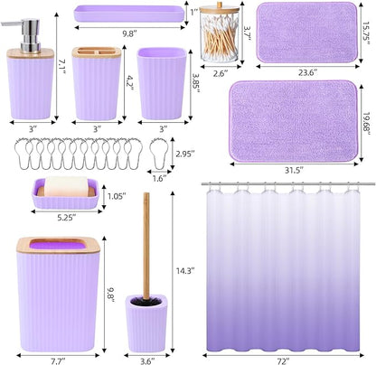 24PCS Bathroom Sets with Shower Curtain and Rugs, Purple Bathroom Accessories Set with Trash Can, Soap Dispenser, Toothbrush Holder and Cup, Purple Bathroom Set for Home Decor