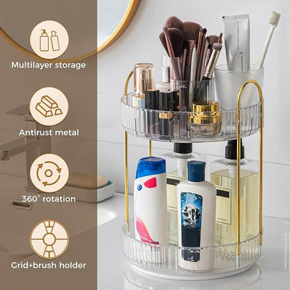 360° Rotating Makeup Organizer, Upgraded 2 Tier Skincare Perfume Organizers for Women, Bathroom Organizer Countertop, Clear Cosmetic Dresser Organizer with Makeup Brush Holder, Sink&Counte (Clear)