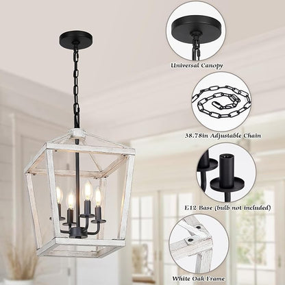 4 Light Rustic Chandelier, Farmhouse Lantern Fixture with Brushed White Oak Cage and Adjustable Chain, E12 Base Geometric Hanging Light Fixture Ceiling lighting for Entryway Kitchen Island, Indoor Use