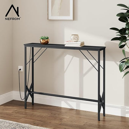 39.4" Console Table, Skinny Entryway Table with Fast-Charging Station, Narrow Long Sofa Table, Behind Slim Couch Table for Entrance, Hallway, Living Room Decor ST-BK100-1