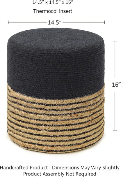 REDEARTH · Cylindrical Pouf Ottoman - Braided Pouffe Accent Sitting Round Footrest for Living Room, Bedroom, Nursery, kidsroom, Patio, Gym; 70% Cotton 30% Jute, (14.5x14.5x16; Black Natural)