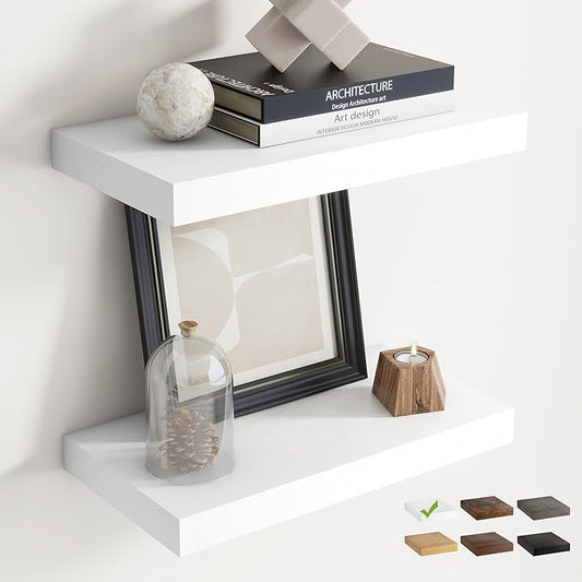 16 Inch Floating Shelves for Wall Set of 2, 8"D Wood Grain Bathroom Shelves with Invisible Brackets, Easy Install Engineered Wood Storage Shelves for Kitchen, Living Room, Bedroom, White Finish