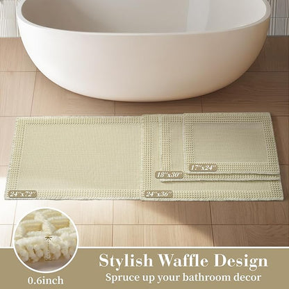 RESARE Waffle Bath Mat for Bathroom, Super Absorbent Bathroom Rugs Non Slip Machine Washable, Ultra Soft Quick Dry Boho Bath Rugs with Tassels for Floor, Upgraded Bordered Design, 17"x24" Cream