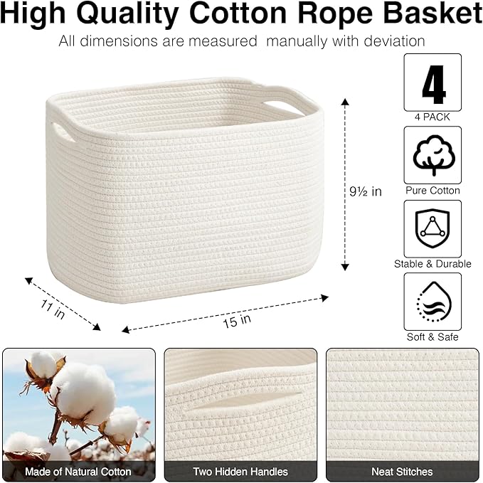 Storage Baskets for Organizing & Shelves, Woven Cotton Rope Organization Bins for Dog Toys, Clothes, Books, Nursery Organizer, 15" Lx11''Wx9.5''H, (4 Packs) Off White
