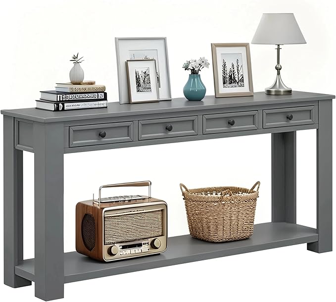 Solid Wood Console Table 63 in Long Sofa Table Entryway Table with 4 Drawers and Bottom Shelf for Hallway Living Room Couch Table,Fully Assembled,63" Tan