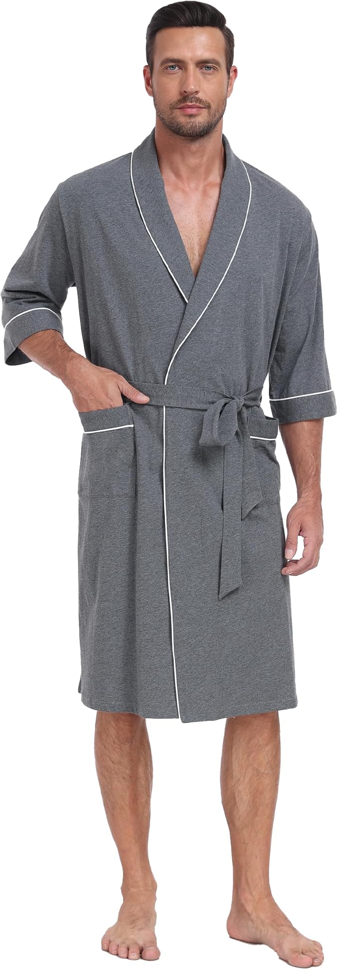 CF Men's Robe Cotton Bathrobe Soft Short Sleeve Bath Robes Shower Robe for Spa Soft Kimono Lightweight Sleepwear with Pockets