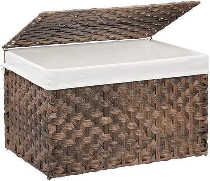 Wicker Storage Basket with Lid, 42.3 Gallon (160L) Large Blanket Basket with Lid, Woven Storage Bin with Handles, Removable Liner, Metal Frame, Foldable, for Bedroom, Laundry Room, Brown