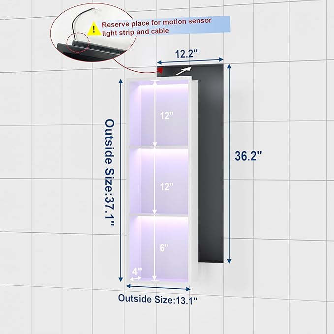 Stainless Steel Shower Niche 12" X 36", No Tile Needed Wall Niche with RGB Led Light, Recessed Shower Shelf for Bathroom Storage Over Mount Installation, Matte White