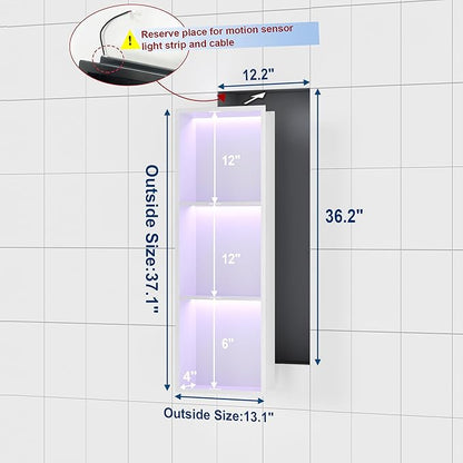 Stainless Steel Shower Niche 12" X 36", No Tile Needed Wall Niche with RGB Led Light, Recessed Shower Shelf for Bathroom Storage Over Mount Installation, Matte White