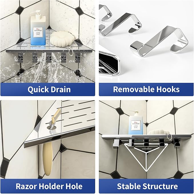 10‘’ Corner Shower Shelf, 304 Stainless Steel Shelves for Bathroom, Grout in Shelf with Hooks for Tiled Wall (Polished)