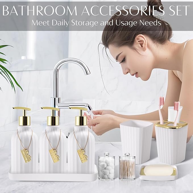 17PCS Bathroom Accessory Set Bathroom Set Gold Bathroom Accessories,Toilet Brush, Trash Can, Qtip Holder Dispenser& 3PCS Soap Dispenser