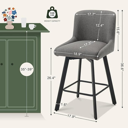 Swivel Bar Stools Set of 4, 26''H Upholstered Barstools with Backs, Modern Counter Height Bar Stool Chairs for Kitchen Island, Metal Legs, Fabric, Gray Counter Stools