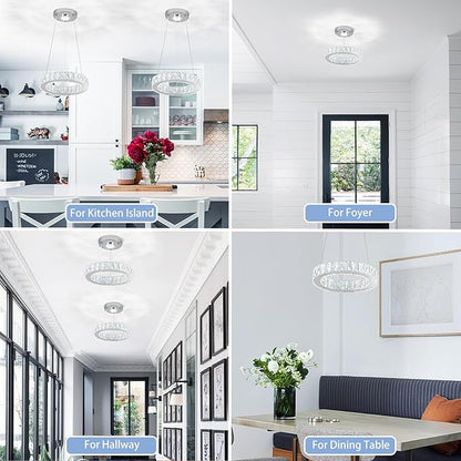 11.8" Crystal Chandelier LED Round Flush Mount Ceiling Light Fixture Modern Hanging Pendant Lighting Mini Ring Chandeliers for Dining Room Kitchen Island Hallway Bathroom (Cool White)