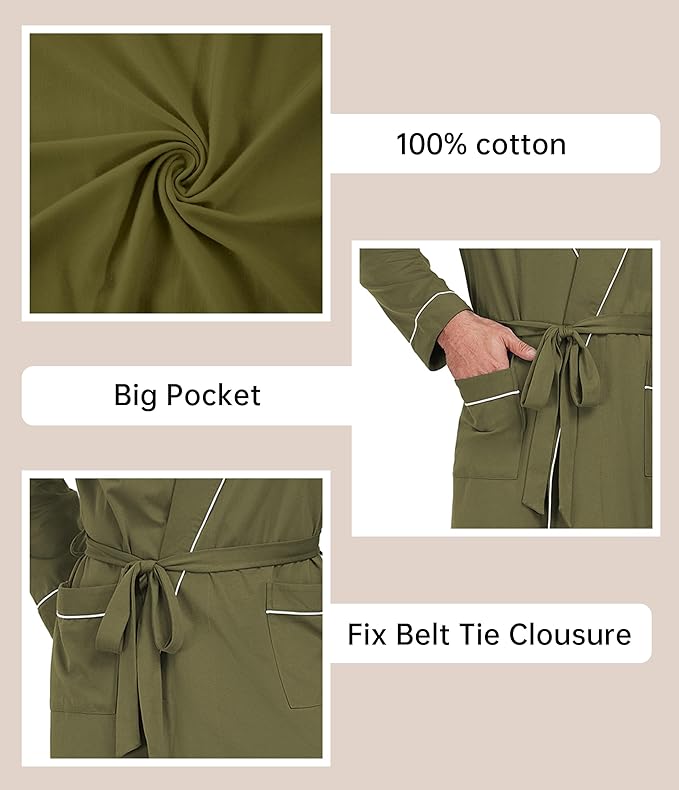 COLORFULLEAF Mens 100% Cotton Robes Lightweight Summer Long Bathrobe Sleepwear Soft Knit Spa Robe with Pockets