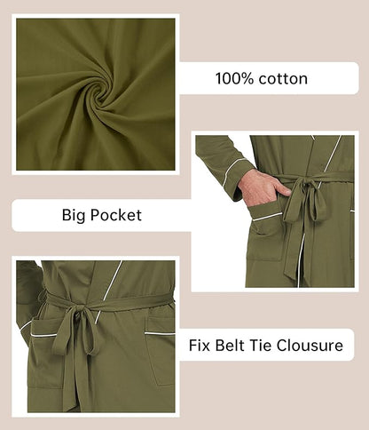 COLORFULLEAF Mens 100% Cotton Robes Lightweight Summer Long Bathrobe Sleepwear Soft Knit Spa Robe with Pockets