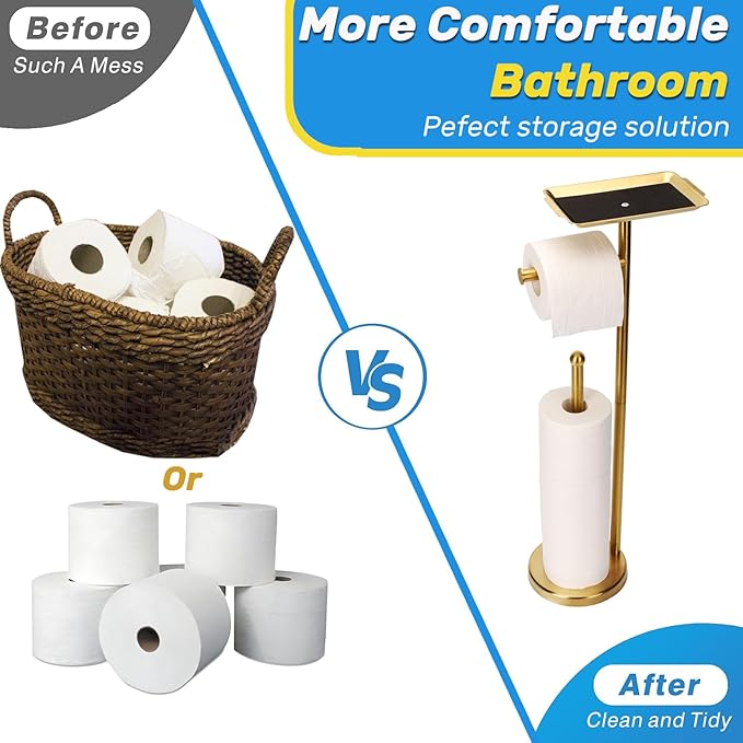 Toilet Paper Holder Stand for Bathroom Floor Freestanding Toilet Roll Dispenser Storages 4 Reserve Rolls, with Top Storage Shelf for Cell Phone (Brushed Gold)
