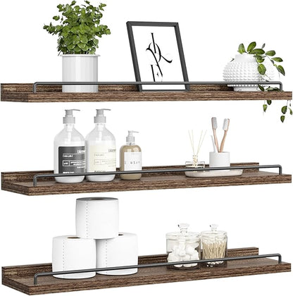 32 inches Long Floating Shelves, Bathroom Decor Shelves Over Toilet, Farmhouse Wall Shelves for Living Room, Bedroom, Picture Frames, Plants, Kitchen, Set of 3 (Brown)