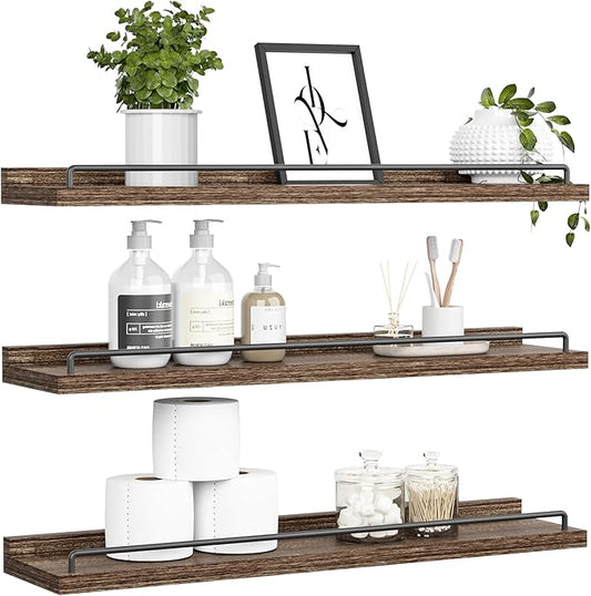 32 inches Long Floating Shelves, Bathroom Decor Shelves Over Toilet, Farmhouse Wall Shelves for Living Room, Bedroom, Picture Frames, Plants, Kitchen, Set of 3 (Brown)