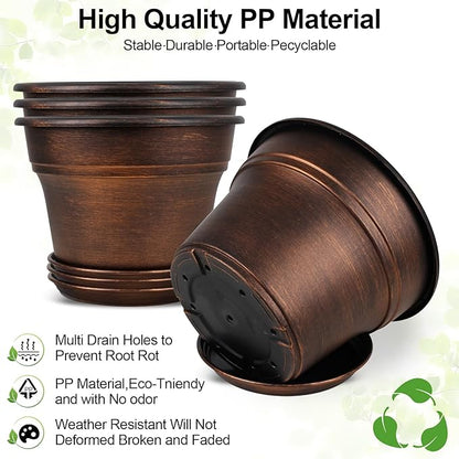 Plant Planters Pots Set of 4 Pack 13 Inch，Large Plastic Flower Pot for Indoor Plants with Drainage Holes & Trays, Resin Decorative Container Sets with Saucer for House Outdoor Garden Plant Copper