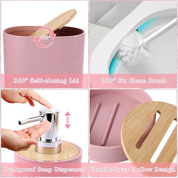 Pink Bathroom Accessories Set, Bathroom Sets with Shower Curtain, Bath Towel Set, Pink Shower Curtain Set with Bathroom Trash Can, Soap Dispenser, Soap Dish for Home Decor