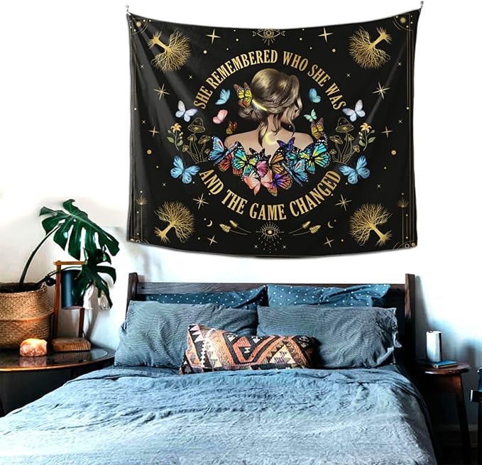 Bapcoku She Remembered Who She Was And The Game Changed Positive Quotes Tapestry Inspirational Gift Wall Decor for Bedroom,Uplifting Encouragement Gifts Butterfly Gifts for Women Teens Girls 60x50in