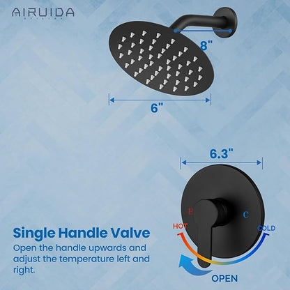 Airuida Shower Faucet Set,Single Function Shower Trim Kit,Wall Mount 6 Inch Round Rainfall Shower Head and Handle Set,Single Handle Shower System Set Male Threads Rough-in Valve Matte Black