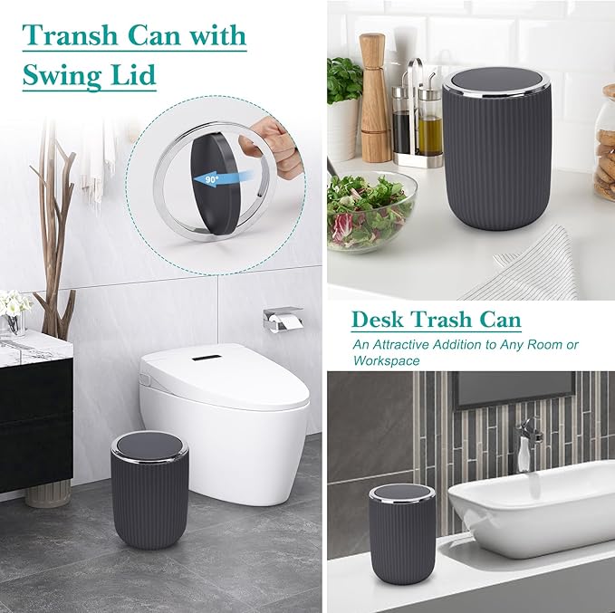 Boperzi Bathroom Accessories Set Complete: 8pc Bathroom Accessory Set with Trash Can 2pc for Floor/Counter, Toilet Brush, Soap Dispenser, Toothbrush Holder, Adhesive Hook, Grey Modern Bathroom Set