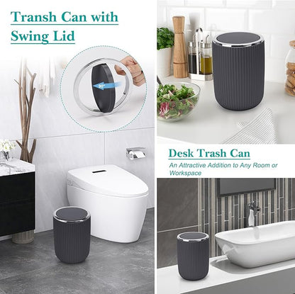 Boperzi Bathroom Accessories Set Complete: 8pc Bathroom Accessory Set with Trash Can 2pc for Floor/Counter, Toilet Brush, Soap Dispenser, Toothbrush Holder, Adhesive Hook, Grey Modern Bathroom Set