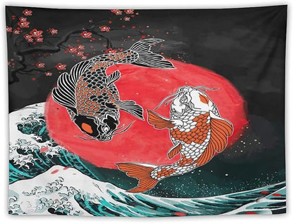 Houselerax Koi Fish Tapestries,Japanese Style Yin Yang Big Wave Cherry Blossoms Tapestry Wall Hanging for Bedroom Living Room Office Decor 90"x60"
