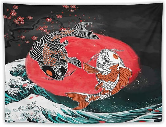 Houselerax Koi Fish Tapestries,Japanese Style Yin Yang Big Wave Cherry Blossoms Tapestry Wall Hanging for Bedroom Living Room Office Decor 80"x60"