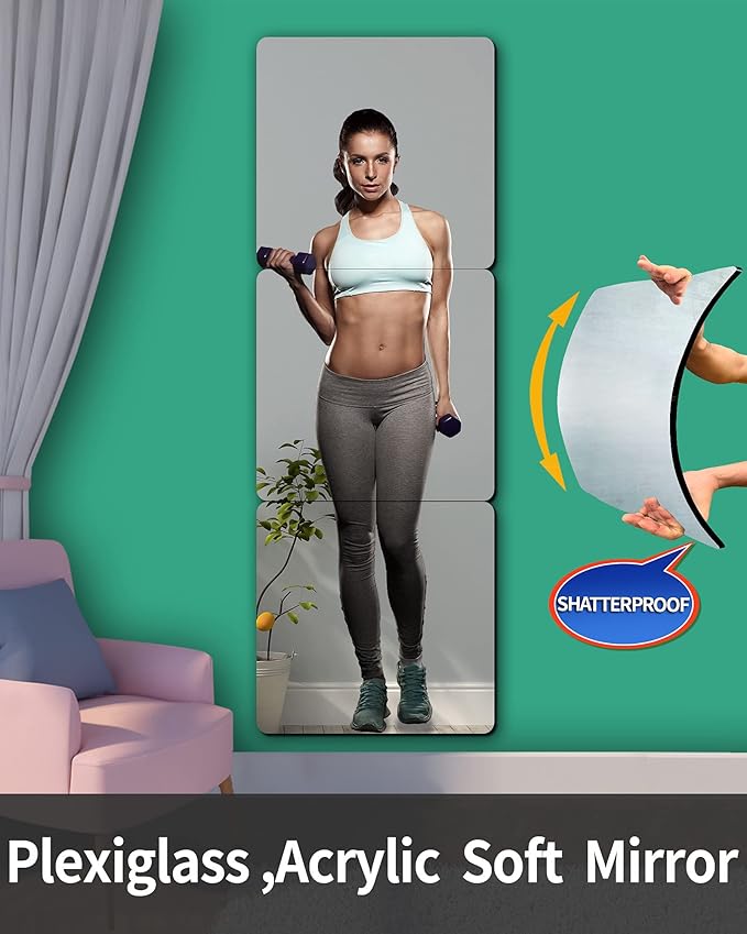 Shatterproof Wall Mirror Full Length for Bedroom, Acrylic Gym Mirrors For Home, Extra Thick: 0.12 inch, 16 x 16 inch x 4 Pcs, Workout Mirrors Safe for Kids, Over The Door, Long Wall Mounted