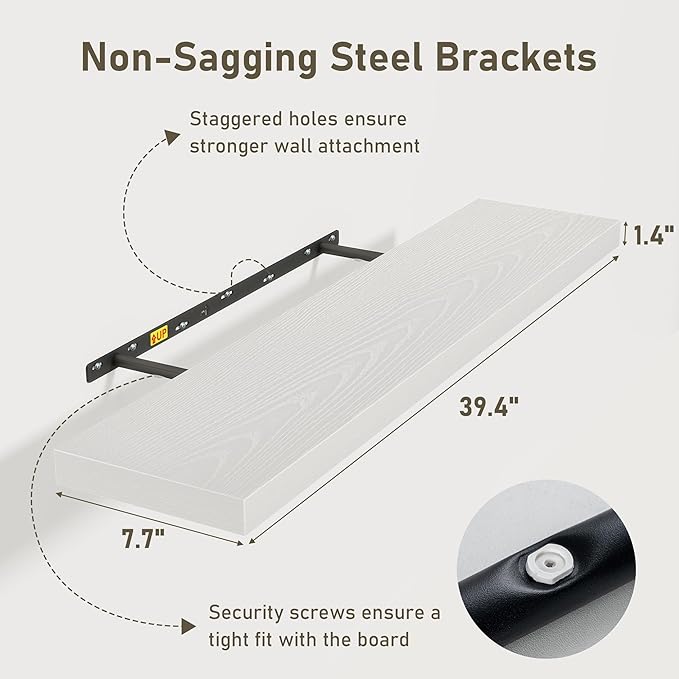 White Floating Shelves Wall Shelf 40 Inch, 8 Inch Deep Floating Shelf for Wall, Farmhouse Black Wood Shelves Invisible Bracket for Living Room, Bedroom, Kitchen, 40 x 8 x 1.4 Inch, Set of 2