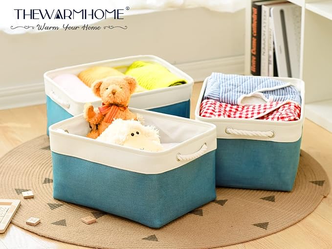 TheWarmHome Storage Bins - Large 3 Pack 15.7x11.8x8.3 in Fabric Storage Baskets for Organizing Shelves | Large Basket Closet Organizer for Home Decor Shelf Baby Toy Laundry (White & Green)