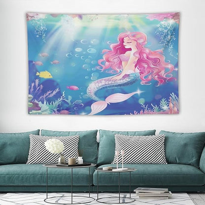 HZOHNAGO Mermaid Girls Tapestry Watercolor Mermaid Princess Pink Hair Pattern for Kids Room Decoration Printed Wall Tapestry Wall Hanging for Bedroom Living Room Dorm 90" W x 60" H