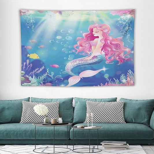 HZOHNAGO Mermaid Girls Tapestry Watercolor Mermaid Princess Pink Hair Pattern for Kids Room Decoration Printed Wall Tapestry Wall Hanging for Bedroom Living Room Dorm 90" W x 60" H