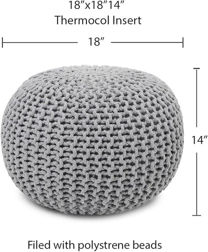 REDEARTH Round Boho Pouf Ottoman - Cable Knitted Cord Boho Pouffe - Stuffed Poof Accent Beanbag Footrest for Living Room - Nursery - Bedroom - Covered Patio - Study Nook (18”x18”x14”) - Gray-S