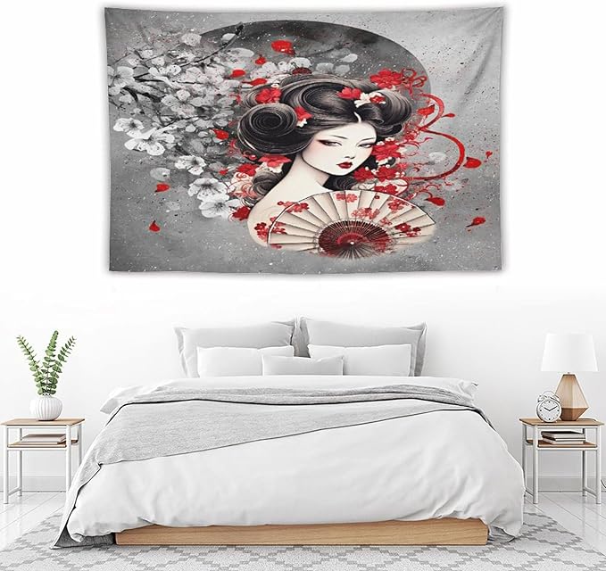 Japanese Geisha Tapestry Asian Red Cherry Blossom Red Sun Traditional Kimono Folk Tapestries Home Decor for Living Room Bedroom Apartment Farmhouse Dorm 60"x40"