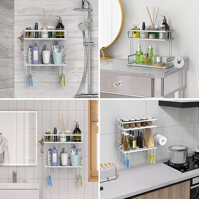 Over The Toilet Storage Shelf, 2-Tier Bathroom Storage Organizer Upgrade Punch-Free Toliet Storage Shelf, Home Storage Rack with Hooks Shelf,White