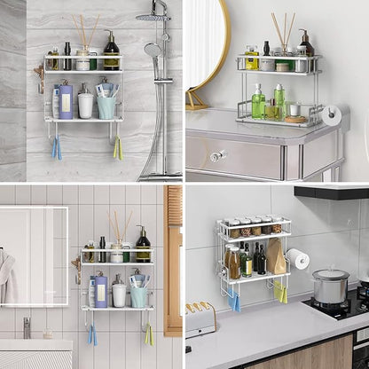 Over The Toilet Storage Shelf, 2-Tier Bathroom Storage Organizer Upgrade Punch-Free Toliet Storage Shelf, Home Storage Rack with Hooks Shelf,White