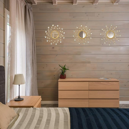 Mirror Wall Decor Wall Mirrors Decorative Sunburst Boho Mirror Gold Mirror Wall Art Metal Decor Mirror Hanging Living Room Bedroom Bathroom Set of 3