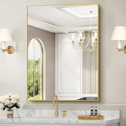 30x40In Gold Bathroom Mirror for Wall, Brushed Gold Rectangle Mirrors with Metal Frame, Bathroom Rectangular Mirror Modern Wall Mirror for Bedroom Living Room, Hangs Horizontal or Vertical