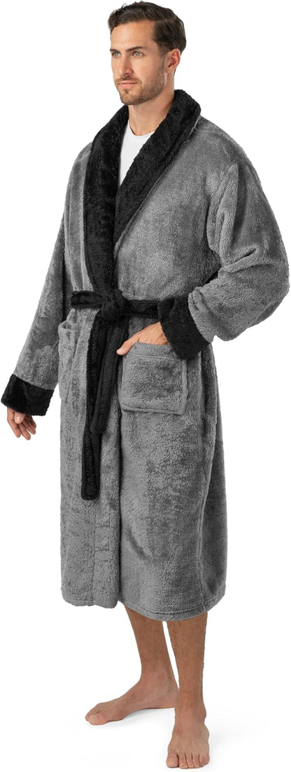 PAVILIA Mens Soft Robe, Plush Fluffy Fleece Bathrobe Men, Long Sherpa Shaggy Spa Robe