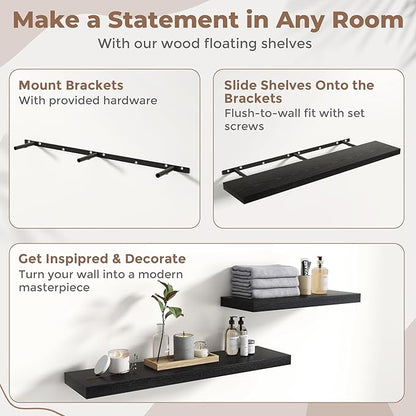 48 Inch Floating Shelves for Wall Set of 2, 8"D Wood Grain Bathroom Shelves with Invisible Brackets, Easy Install Engineered Wood Storage Shelves for Kitchen, Living Room, Bedroom, Black Finish