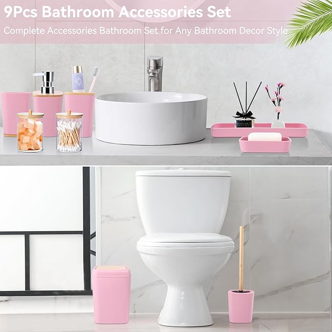 Bathroom Accessories Set, 9 Piece Pink Bathroom Decor Sets with Trash Can,Toothbrush Holder,Toothbrush Cup,Lotion Soap Dispenser,Vanity Tray,Soap Dish,Toilet Brush,Qtip Holder