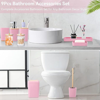 Bathroom Accessories Set, 9 Piece Pink Bathroom Decor Sets with Trash Can,Toothbrush Holder,Toothbrush Cup,Lotion Soap Dispenser,Vanity Tray,Soap Dish,Toilet Brush,Qtip Holder