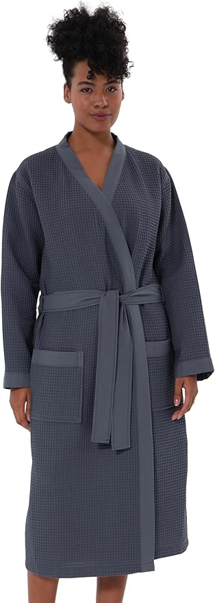 Women’s Luxury Waffle Shawl Collar, Hooded Robe w Piping – Lightweight, Long, Ultra Soft Spa Sleepwear Bathrobe